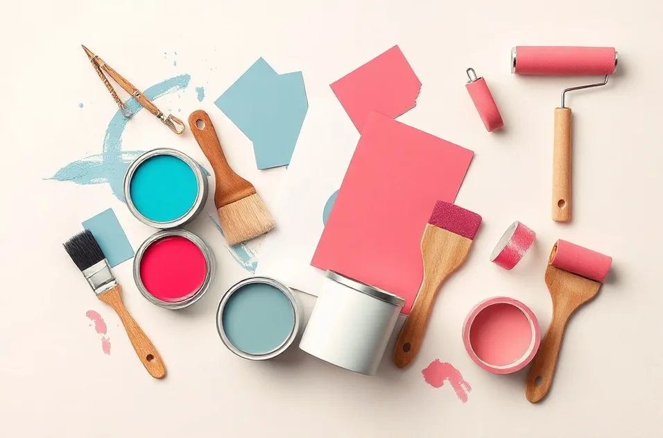 Pots de peinture, nuancier, brosses et rouleaux disposés à plat