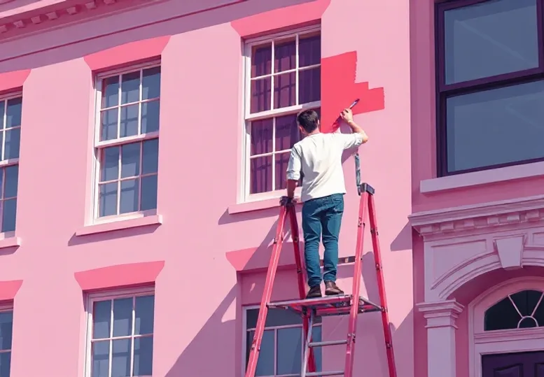 Peintre sur échafaudage traitant la façade d'une maison