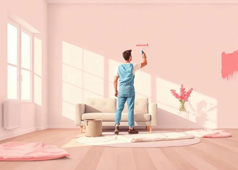 Peintre appliquant la peinture au rouleau sur un mur de salon